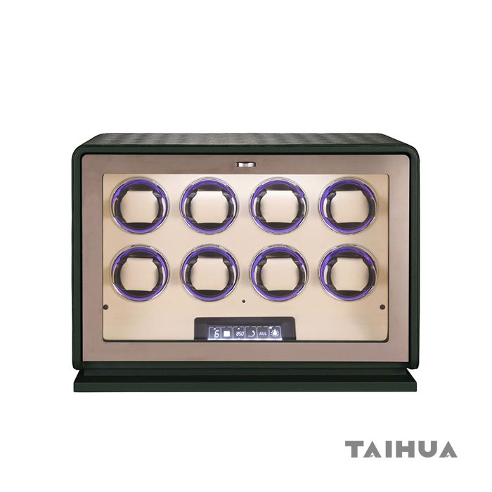 Black/Green/Orange Leather Watch Winder 8 Slot Box