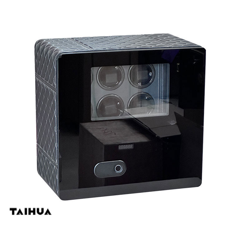 Black Luxury Leather Watch Winder Safe with Fingerprint Lock (9 Slots + Storage Drawer)