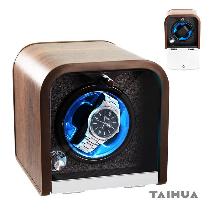 Luxury Automatic Single Watch Winder Box with Blue LED Night Dual Power (USB-C/Battery)